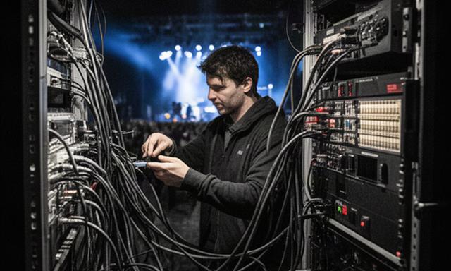 Technicus die kabels controleert in een mobiele regiewagen bij een concert
