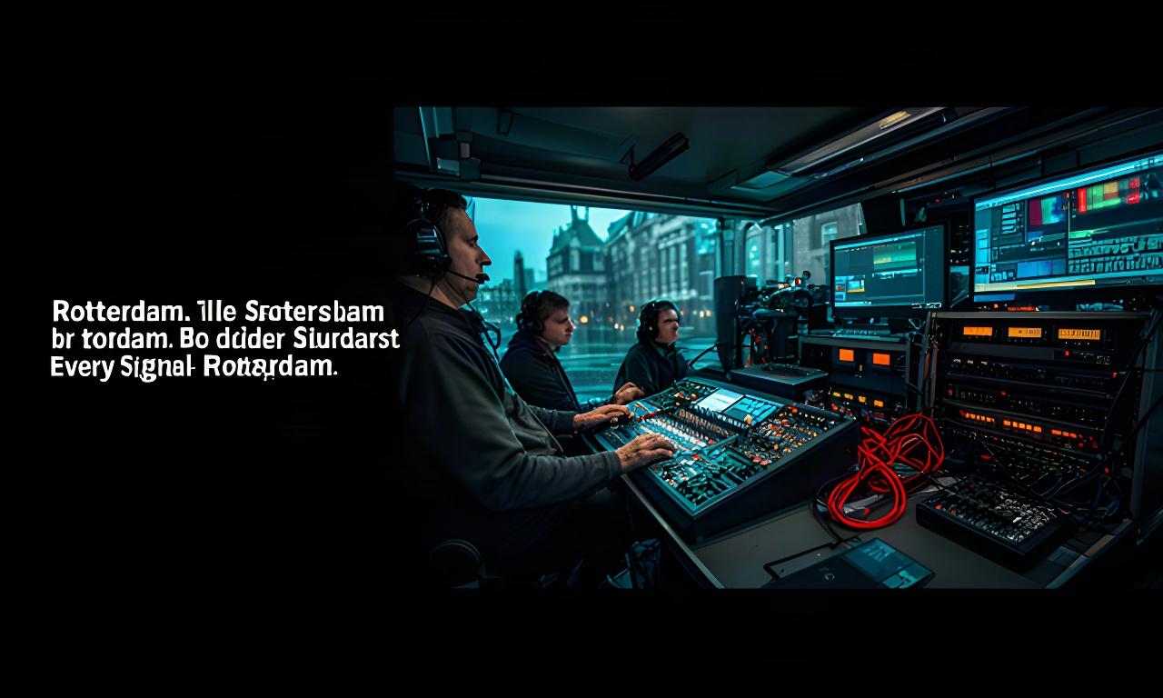 Regiewagen met verlichte mengpanelen en technici tijdens een live-uitzending in Rotterdam